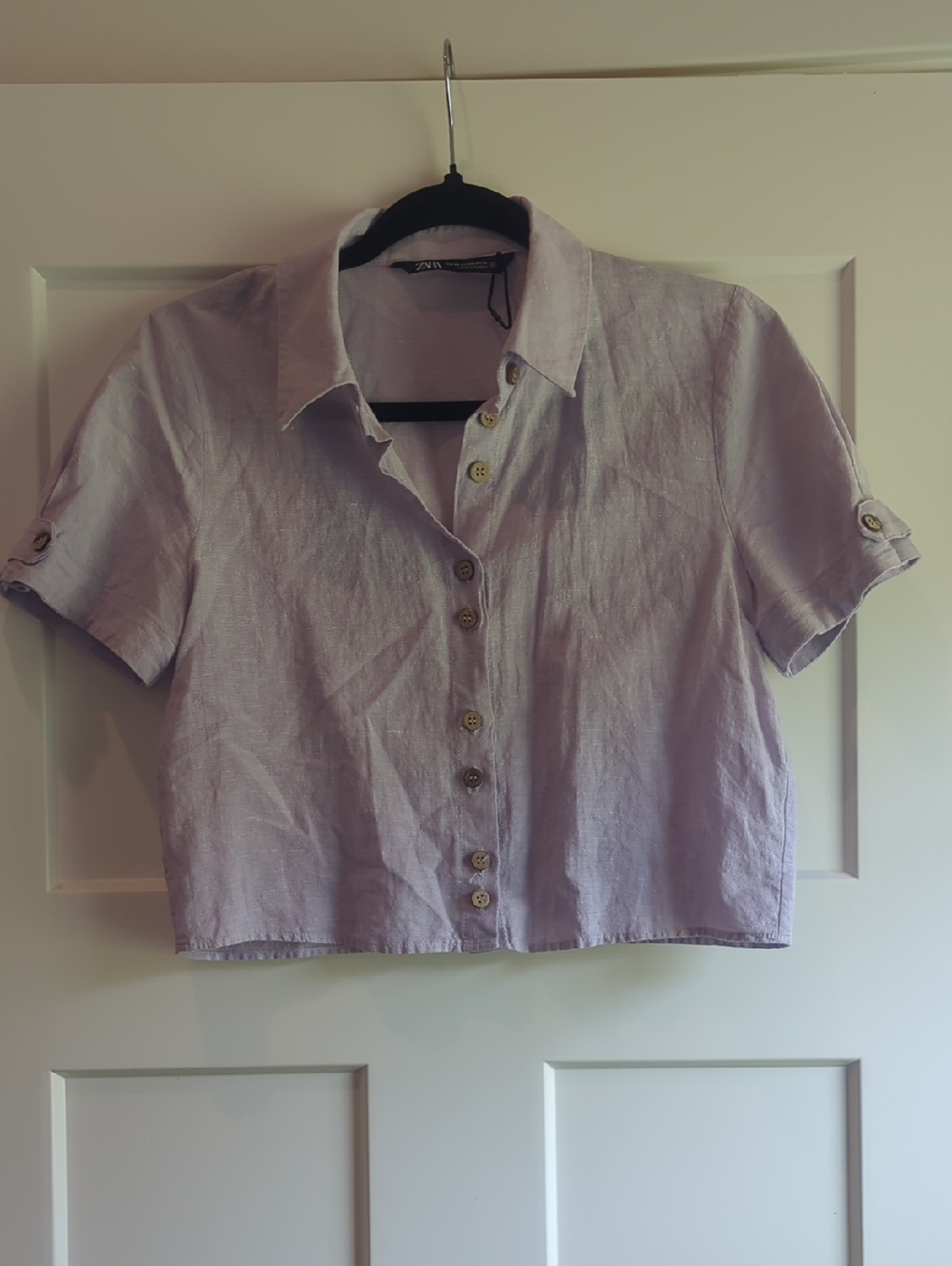 Zara Lavender Short-Sleeve Button-Up Cropped Linen Shirt